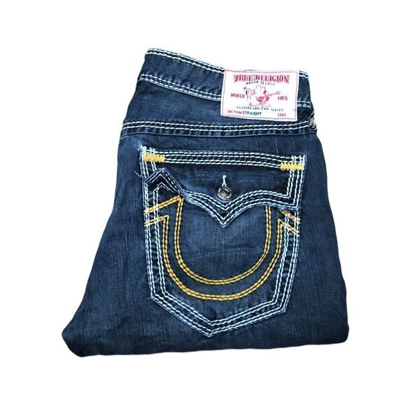 Rare True Religion Jeans Size 34 STRAIGHT YELLOW STITCH Blue - Picture 7 of 13